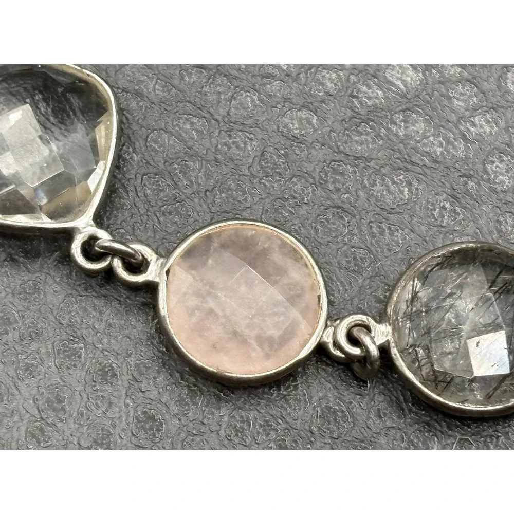 Vintage Sterling Silver 925 Faceted Gemstone Bracelet Rutilated and Rose Quartz